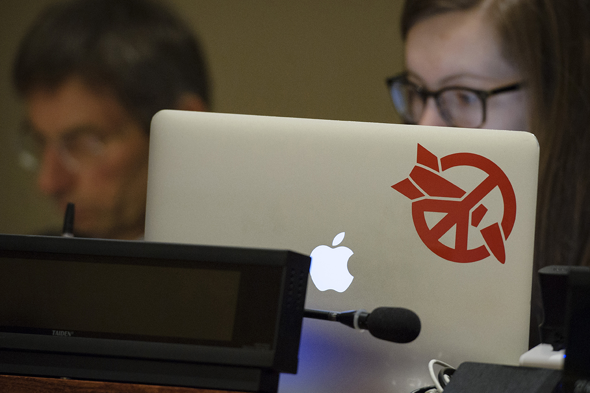 A computer displays the symbol of the International Campaign to Abolish Nuclear Weapons (ICAN) at the UN Conference to negotiate a nuclear weapons prohibition treaty in New York March 31. (Photo credit: Manuel Elias/UN Photo)