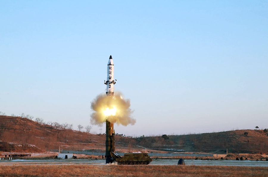 An medium-range Pukguksong-2 ballistic missile is shown being test-launched Feb. 12 in a photograph from North Korea’s official Korean Central News Agency. (Photo credit: STR/AFP/Getty Images) An medium-range Pukguksong-2 ballistic missile is shown being test-launched Feb. 12 in a photograph from North Korea’s official Korean Central News Agency. (Photo credit: STR/AFP/Getty Images)