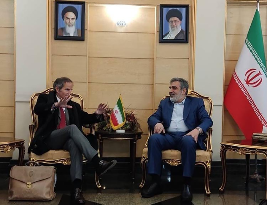 Rafael Mariano Grossi (L), director-general of International Atomic Energy Agency, is welcomed by Behrouz Kamalvandi, spokesman for the Atomic Energy Organization of Iran, at the airport in Tehran as Grossi began a two-day visit in March focused on the Iranian nuclear program. (Photo by Atomic Energy Organization of Iran /Anadolu Agency via Getty Images)