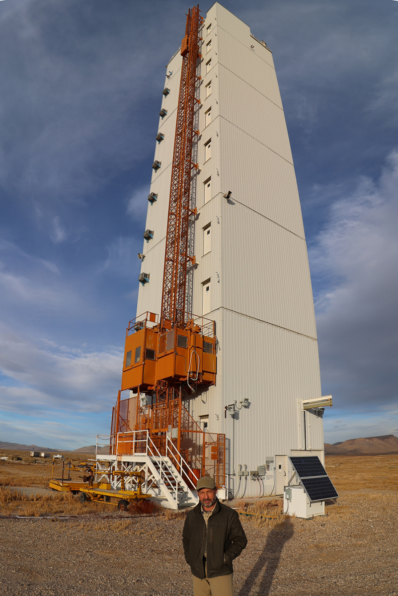 Daryl G. Kimball, executive director of the Arms Control Association, in front of the tower for the Icecap nuclear test at the Nevada National Security Site on Nov. 30. The Icecap test was planned for 1993 but not conducted. (Photo by the U.S. National Nuclear Security Administration)