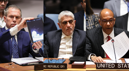 The UN Security Council meets April 14 to urge restraint after Israel struck the Iranian diplomatic facility in Damascus and Iran retaliated. From left, Israeli Ambassador Gilad Erdan, Iranian Ambassador Amir Saeid Iravani, and U.S. Deputy Ambassador Robert Wood. (Photos by Charly Triballeau/AFP via Getty Images)