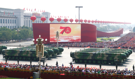 U.S. officials say China is accelerating the expansion of its nuclear arsenal but is not responding to Washington’s proposals to reduce the growing strategic risks. These Dongfeng-41 intercontinental ballistic missiles were featured in a military parade  in Beijing in October 2019. (Photo by Lan Hongguang/Xinhua via Getty Images) 