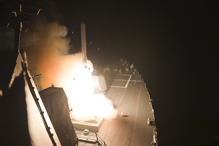 A conventionally-armed Tomahawk cruise missile launches from the USS Arleigh Burke. The Pentagon may field a nuclear-capable sea-launched cruise missile after the Biden administration decided to drop its opposition to the weapon. (Photo by Petty Officer 3rd Class Carlos Vazquez/US Navy)