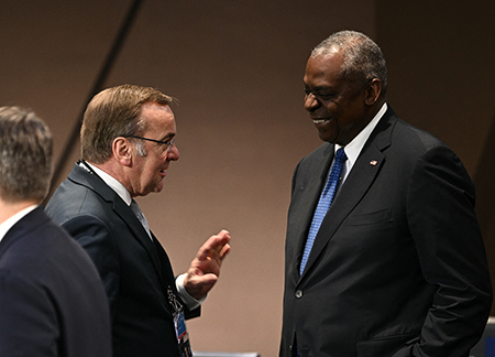 U.S. Defense Secretary Lloyd Austin (R) speaks with German Defense Minister Boris Pistorius during the 75th NATO summit in Washington in July, when the two countries announced that the United States will begin “episodic” deployments of long-range missiles in Germany in 2026. (Photo by Brendan Smialowski /AFP via Getty Images)