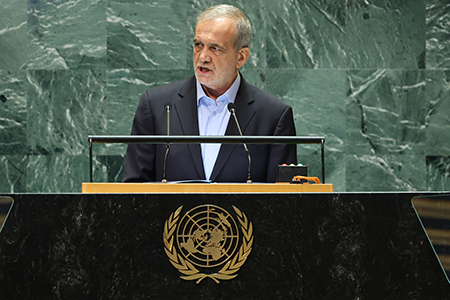 Iranian President Masoud Pezeshkian, elected Iran’s new leader in July, makes his first address to the UN General Assembly. (Photo by Michael M. Santiago/Getty Images)