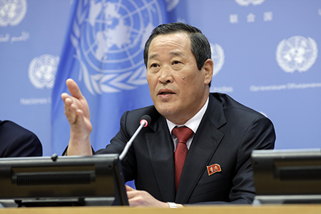Kim Song, North Korea’s ambassador to the United Nations, speaks in 2019 at UN headquarters in New York, where he recently discussed Pyongyang’s views of the U.S. election. (Photo by Xinhua/Xie E via Getty Images)