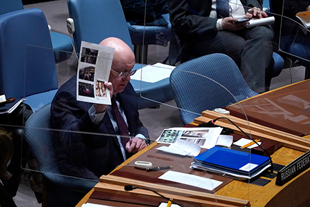 Multiple events spurred states-parties to the Biological Weapons Convention to return to discussions on verification, including Russian charges in 2022 of biological weapons activity by the United States and Ukraine. Russian UN Ambassador Vassily Nebenzia made Moscow’s case to the UN Security Council but it was rejected. (Photo by Timothy A. Clary/AFP via Getty Images)