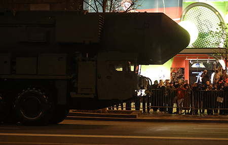 People look at a Yars nuclear missile ahead of a Russian military parade in Moscow in 2024. Russia’s heightened nuclear rhetoric during its war against Ukraine has underscored the need for the five main nuclear-weapons states to reduce nuclear risks. (Photo by Contributor/Getty Images)