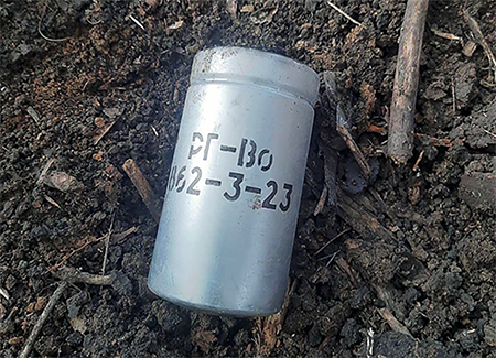 A Russian riot-control-agent grenade that Ukrainian armed forces say was found on the battlefield in Ukraine in 2023. Following a Ukrainian complaint, the Organisation for the Prohibition of Chemical Weapons reported Feb. 14 that it has more evidence of chemical weapons use in Ukraine. (Photo by the General Staff of the Armed Forces of Ukraine)
