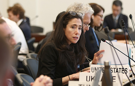 Mallory Stewart, U.S. assistant secretary of state for arms control, deterrence, and stability, addresses a plenary session of the Conference on Disarmament focused on weapons of mass destruction and technologies, last May in Geneva. (Photo by U.S. State Department)